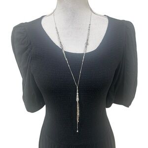Artisan made delicate Silver tone pearl Beaded Tassel Long Necklace 20 inch